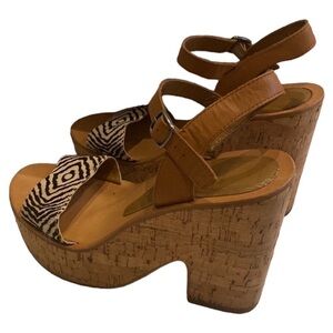 Dolce Vita Tan Leather & Black White Pattern Cork Platform Sandals